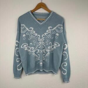 Womens Sweater Pullover V Neck Light Blue Knit White Design Small Snow Christmas